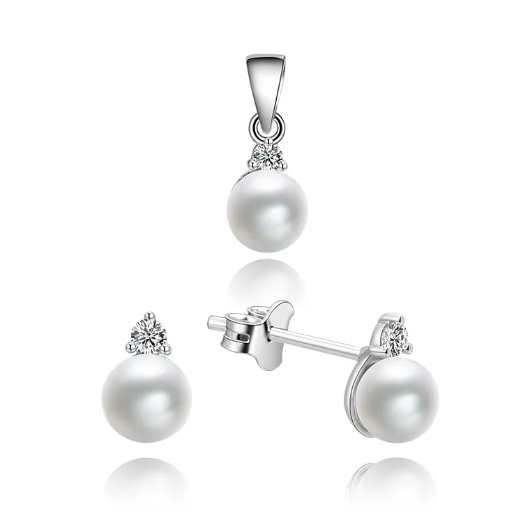 Simple Design 925 Sterling Silver Jewelry Sets Aaa Cubic Zirconia Freshwater Pearl White Gold Jewelry Sets Women