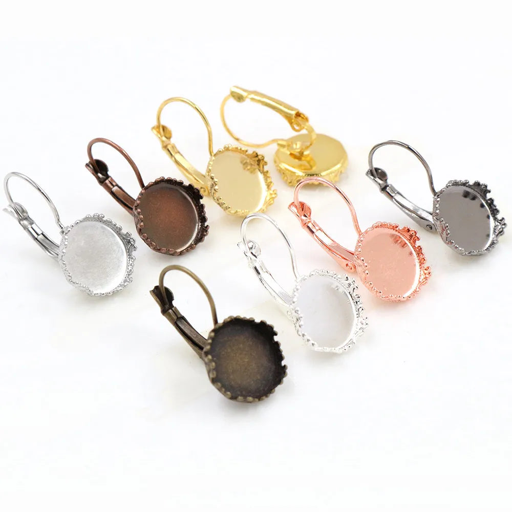 10pcs/lot 12mm Floral French Lever Back Earring Blank BaseFit 12mm Cabochons Blank Bezel Trays DIY Jewelry Making Findings
