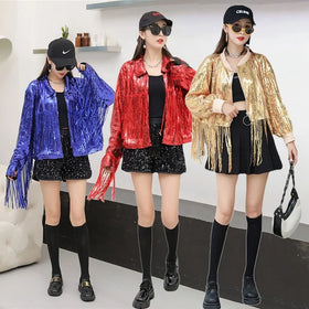 Womens Sequin Fringe Jackets Tassel Glitter Blazer Bling Disco Cardigan Sparkle Party Clubwear Red Coat Bomber Jacket