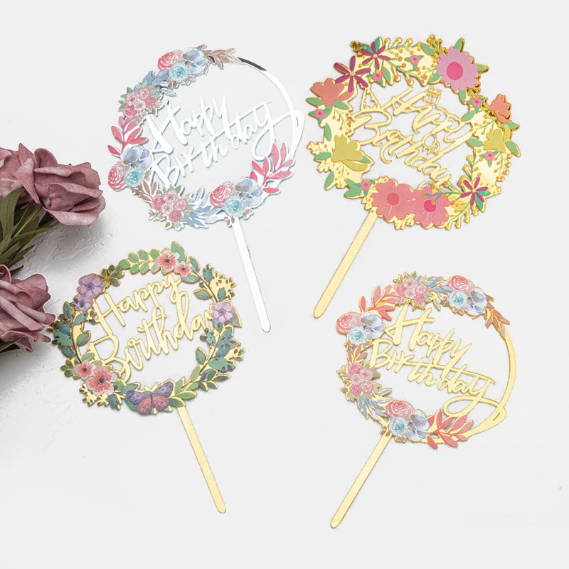 Colourful Flower Cake Decorations Shiny Thickened Gold Party Supplies Happy Birthday Cake Toppers