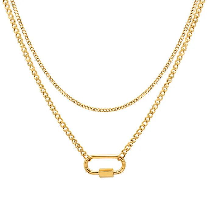 INS Simple Stainless Steel 18K Gold Plated Double Layers Lock Pendant Necklace Titanium Steel Layered Link Lock Choker Necklace