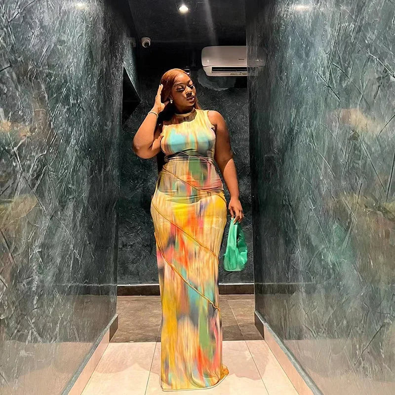 Summer Women Clothing Ladies Fashion Sleeveless One Piece Bodycon Dresses Tube Tie Dye Temperament Slim Hips Women's Dress