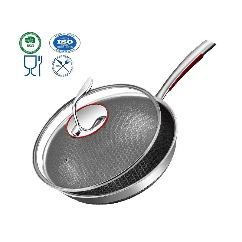 Commercial Korean NonStick TriPly 304 Stainless Steel Honeycomb Frying Wok Pan 32/34cm 3-5 Capacity Glass Lid Induction Ready