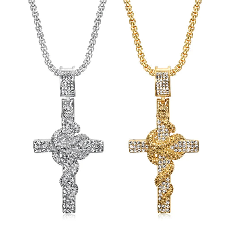 Exquisite Stainless Steel Gold Plated Cross Zircon Beads Pendant Necklace for Men Women Classic Catholic Holy Jewelry