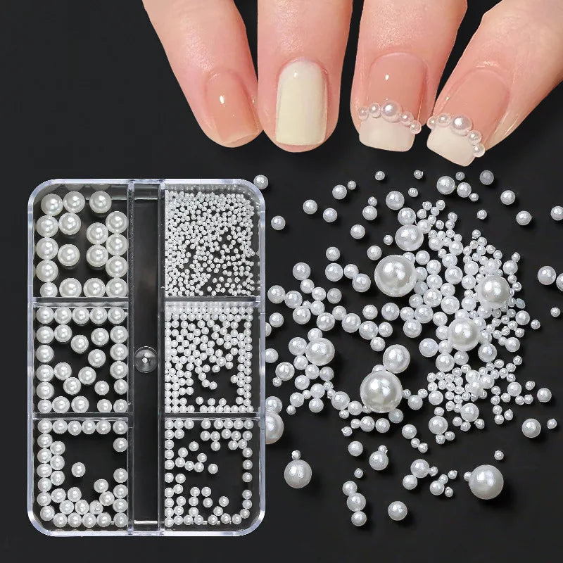 Shiny White Flat Back ABS Resin Pearl Beads Nail Art Jewelry Imitation Acrylic for DIY Six Grids Nail Decoration