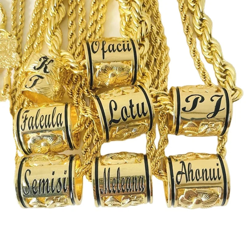 Personalized Barrel Name Necklace Tube Simple Heart Enamel Initial Plate Customize Thick Rope Chain Samoan Jewelry Gift Men Boy