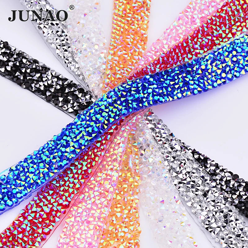 JUNAO 5 Yards*15mm Black Silver Rhinestone Chain Trim Factories Resin Ribbon Hot Fix Crystal Trim for Garment Accessories