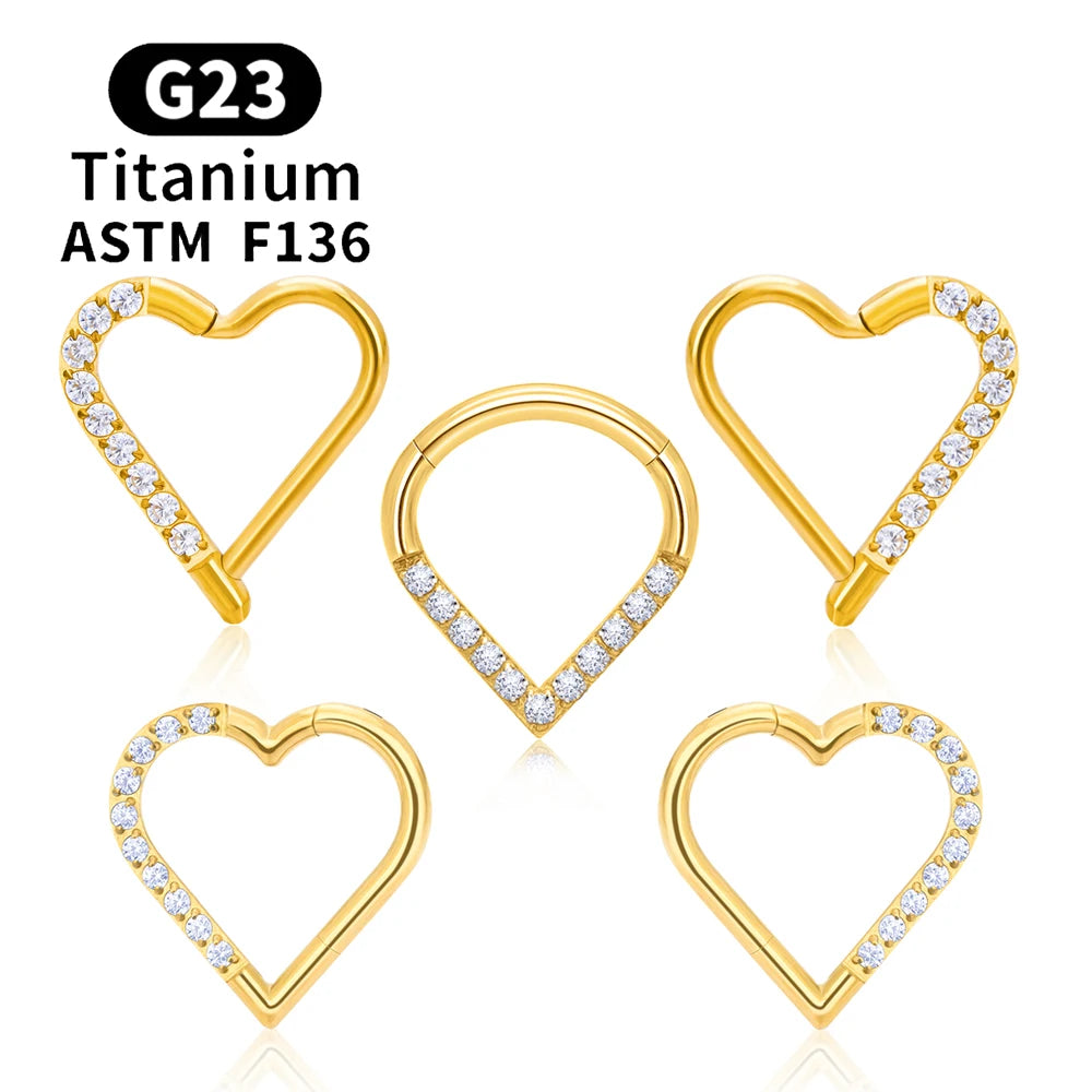 ASTM F136 G23 Titanium Nose Rings Daith Earrings 16G Heart CZ Hinged Segment Ear Tragus Cartilage Helix Body Piercing Jewelry