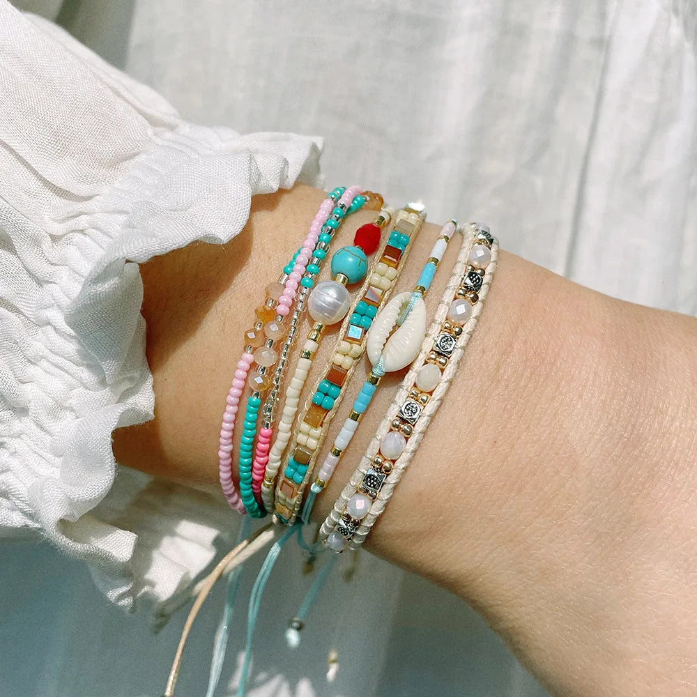 Vacation Stacked Bracelet Beach Multi-layer Ethnic Friendship Rope Colorful Woven Handmade Beaded Bracelet for Women Girls