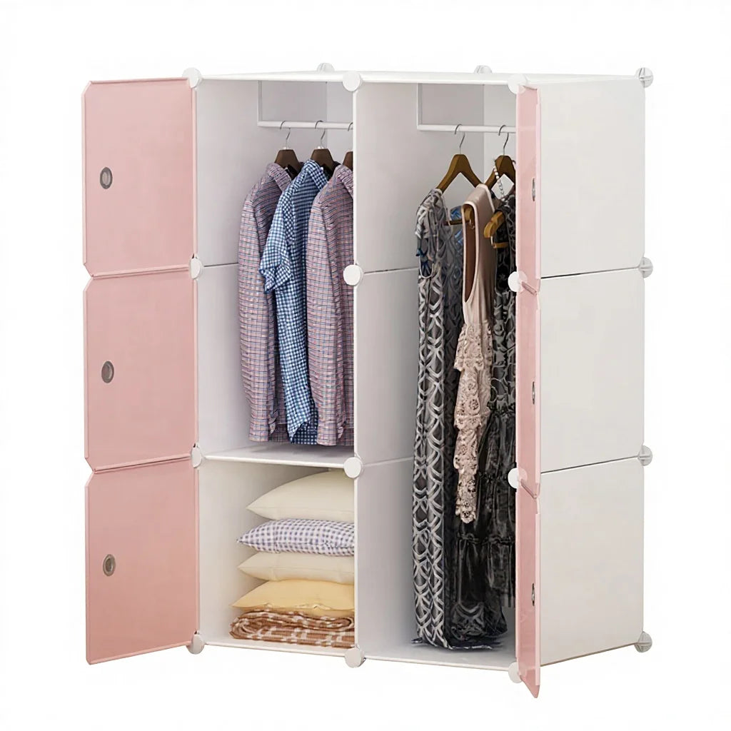 2026 White Plastic PP 6-Door Modern Wardrobe Pink Door Extendable Foldable Storage Cabinet Bedroom Living Room Workshop Dining
