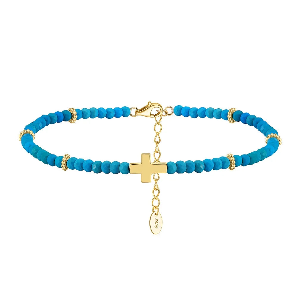ACME 925 Silver Turquoise Gemstone Anklet Holiday Bracelet Bead Dainty  Anklet with Cross Accent Stack Beach Jewelry for Girl