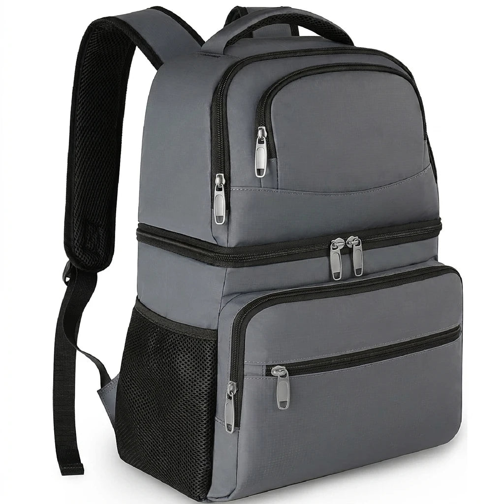 26 Cans Cooler Insulated Backpack Leakproof Double Deck Cooler Bag for Men Women Lightweight Camping Soft Lunch Backpack Grey