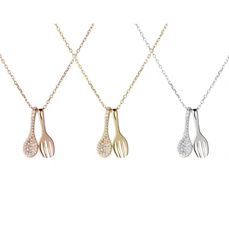 Fashion Pendant Necklace 925 Sterling Silver Zircon Necklace Soup Spoon Fork Pendant Gold Plated Necklaces for Women