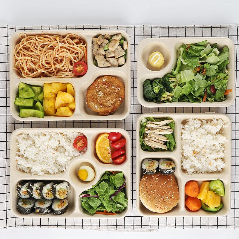 Eco-Friendly Disposable Bamboo Lunch Box Biodegradable Square Bagasse Lid Natural Color 22.5x16x6.5cm for Hamburger Chicken