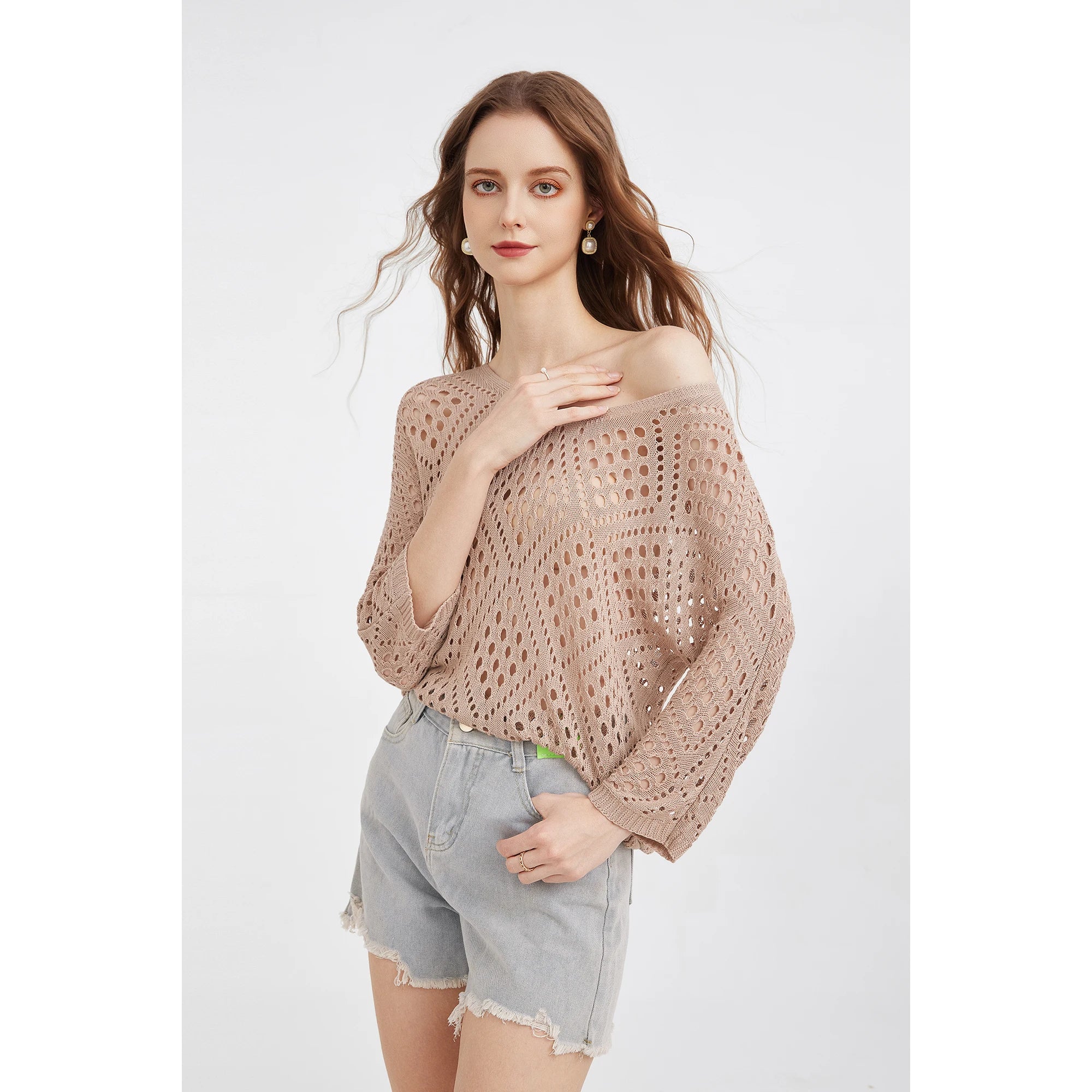 Women's Loose Hollow Style Three-quarter Sleeves Knitwear Breathable Casual Knitted Pullover Top