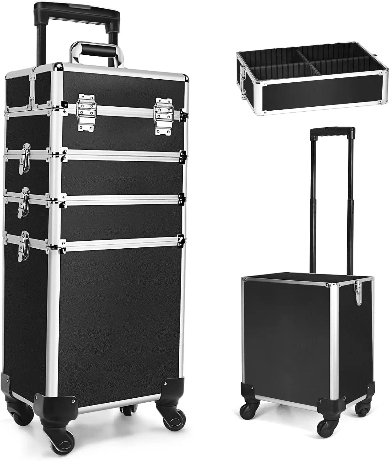X-BASON Large Storage Cosmetic Rolling Trolley 4-in-1 Makeup Case Traveling Cart Trunk for Makeup Artist