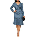 Spring V-neck Long-sleeved Plaid Print Dress for Women Party Leisure Office Long Paragraph Dress With Button