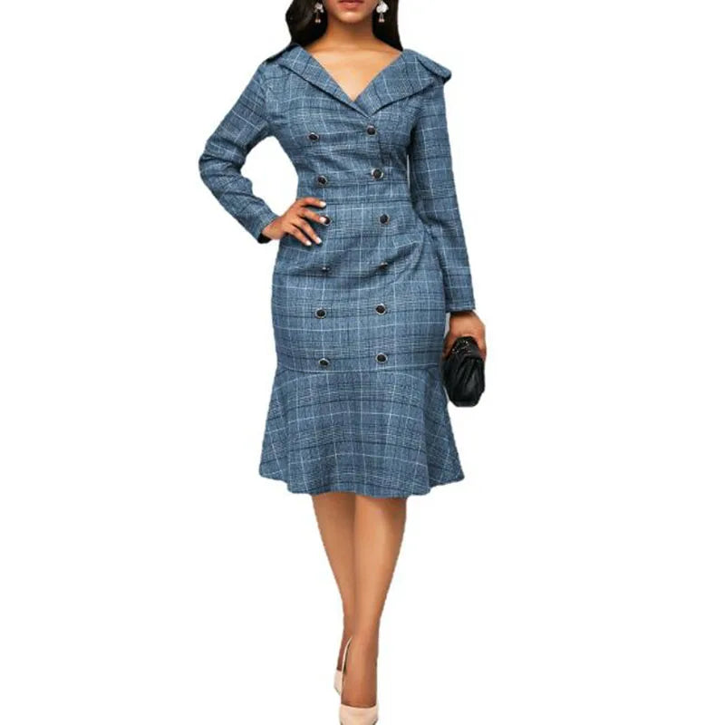 Spring V-neck Long-sleeved Plaid Print Dress for Women Party Leisure Office Long Paragraph Dress With Button