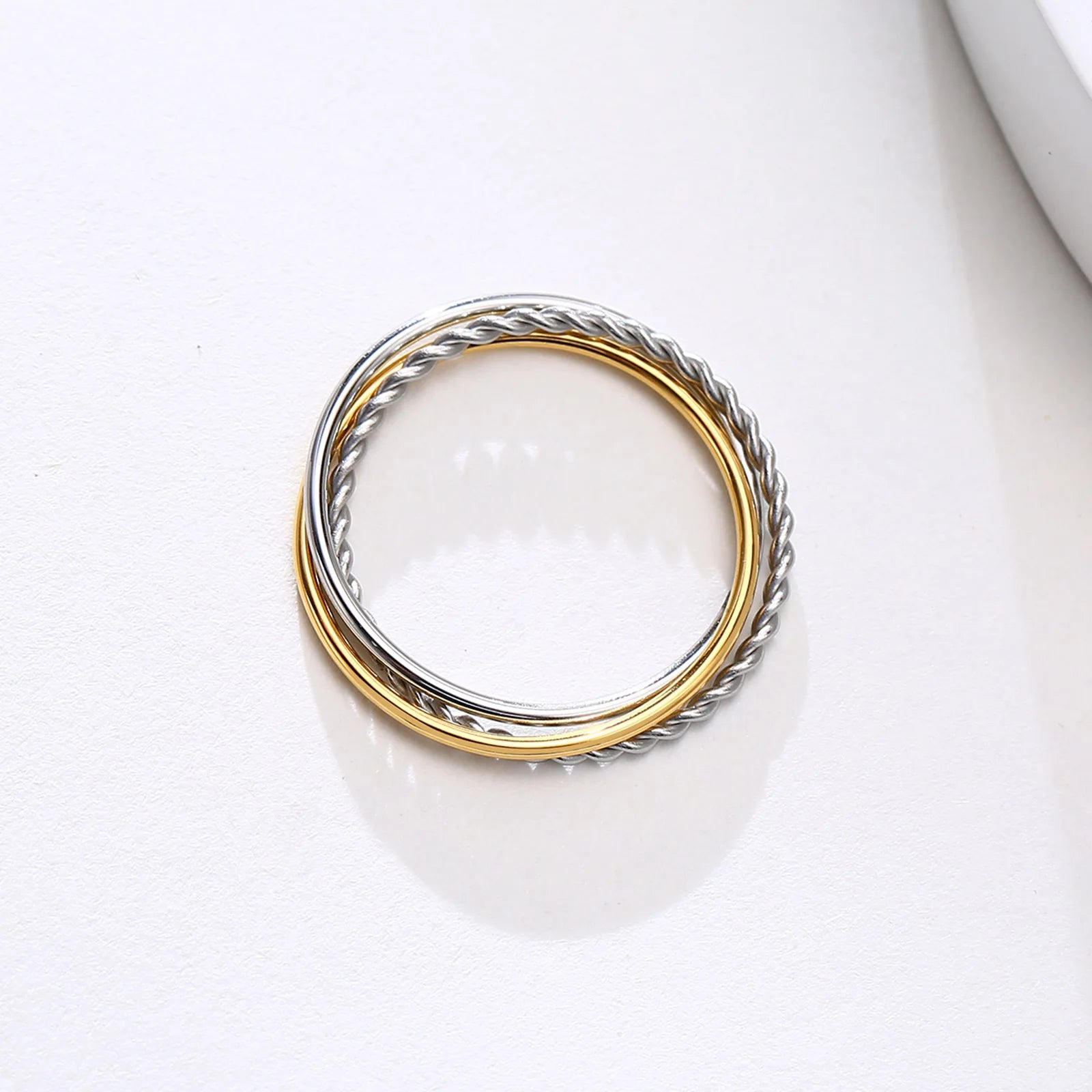 High Polished  Gold Plated Hemp Flowers Thin Three Circle Stainless Steel Finger 3 Pieces Ring Sets Jewelry  for Ladies