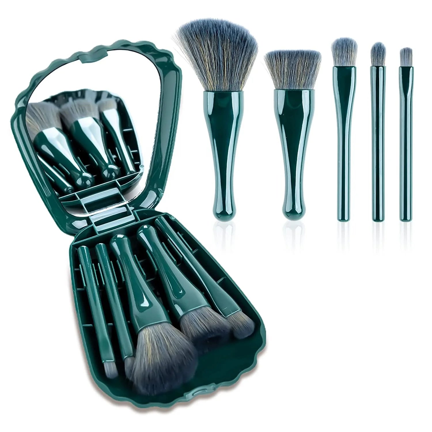 Mini Synthetic Hair Makeup Brushes 5pcs Face Foundation Eyeshadow Set Shell Shape Travel Portable Cosmetic Brush Set Mirror Case