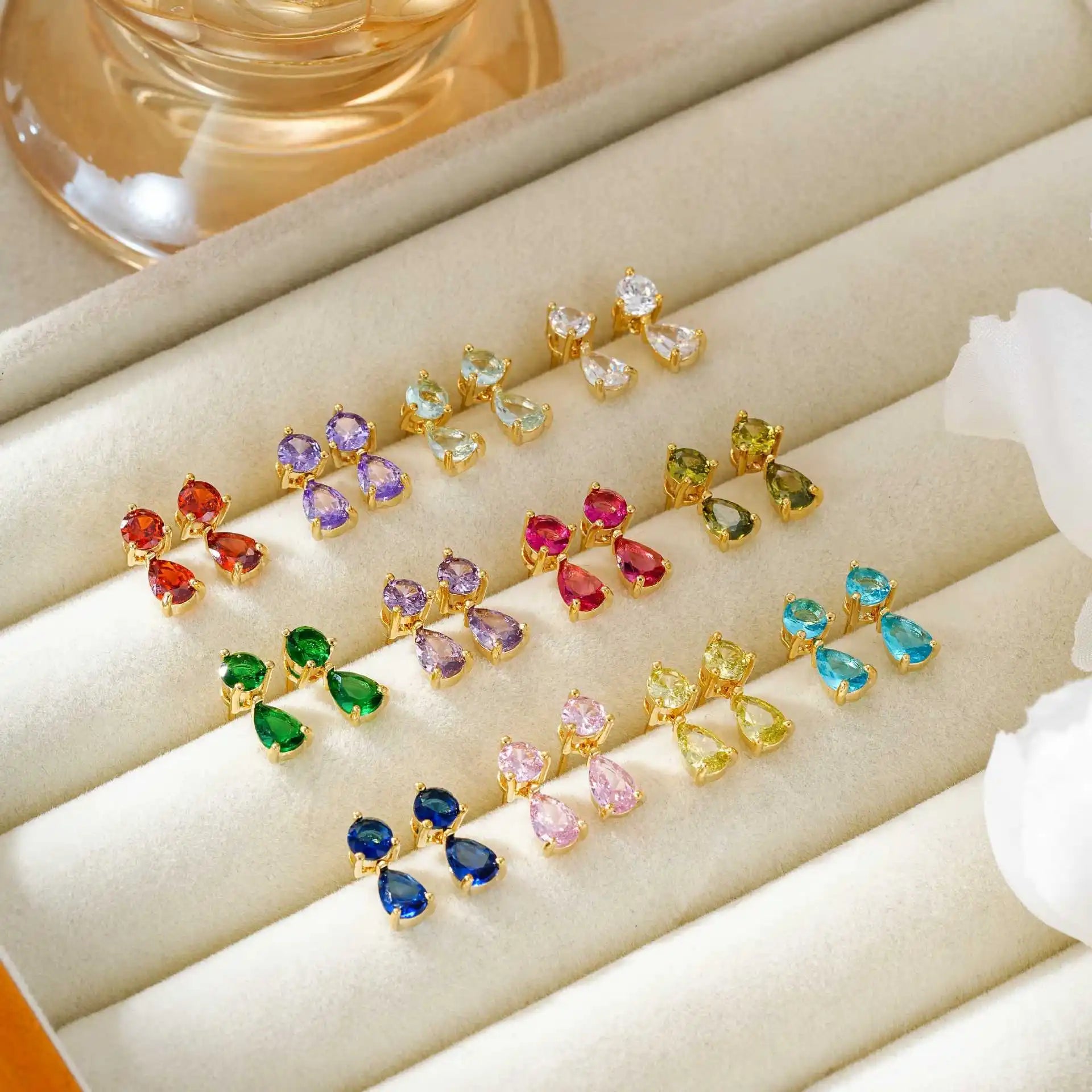 Colored Stone 12 Birthstone Earring Simple Small Bone Nails 18k Gold Plated Elegant Vintage Stud Earrings