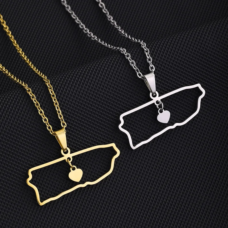 No Tarnish 18K Gold Plated Stainless Steel Puerto Rico Map Shaped Necklace Jewelry