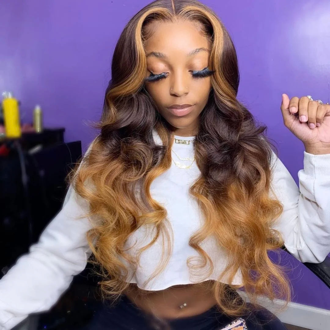 Highlight Piano Color 4/27 Ombre Curly Human Hair Wig 13X4 Virgin Transparent HD Lace Front Wigs for Black Women