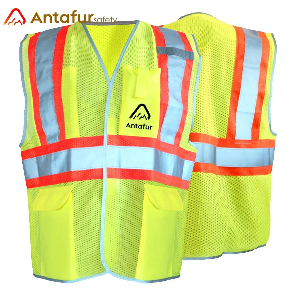 EN 20471 ANSI Class 2 Safety Reflective Construction Hi Vis Lime Work Wear Two-tone Mesh Safety Vest With Multi Pockets