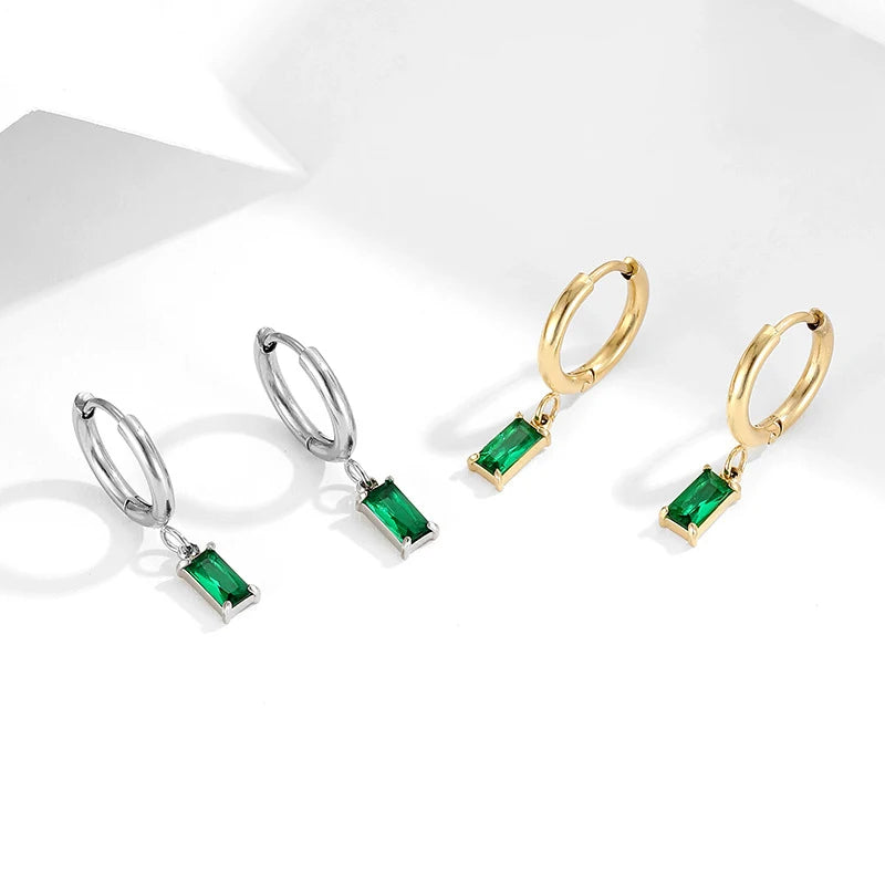 Waterproof Bling Green Zircon Earrings Women Jewelry 18k Gold Plated Stainless Steel Huggie Hoop Earrings for Girls