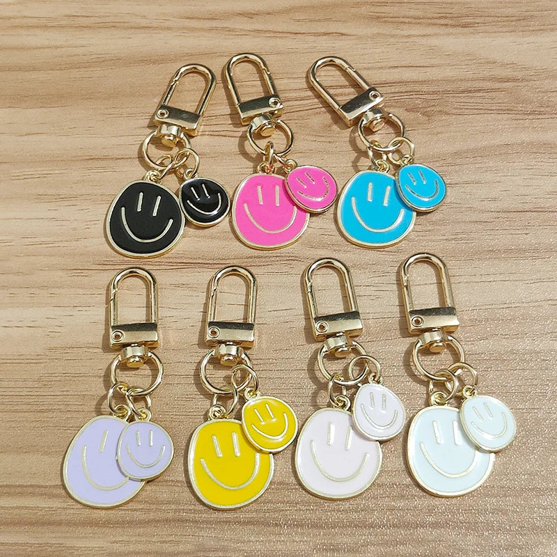 Dainty Metal Key Bag Charm Enamel Happy Face Smile Keychain Accessory for Women
