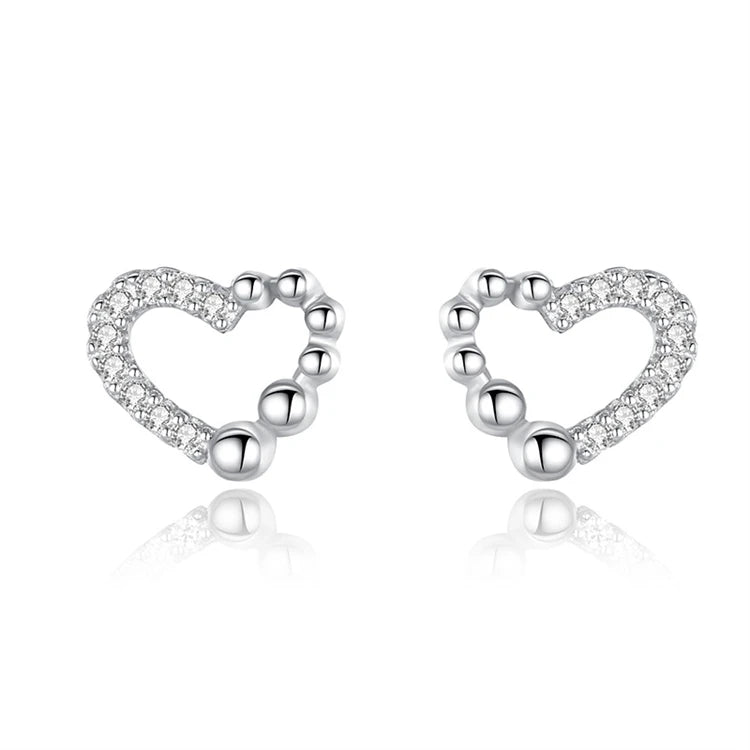 Sparkling Rhinestone Heart Shape Dainty Small 925 Sterling Silver CZ Diamond Stud Earrings