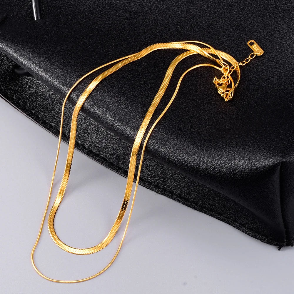 Factory Snake Bone Chain Necklace Adjustable Gold Plated Stainless Steel Double Layered Chain Necklace for Women Men Jewelry