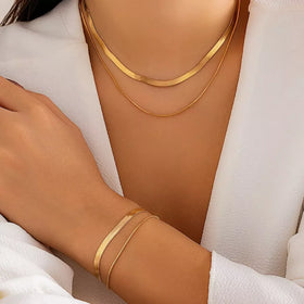 SHIXIN Goth Multilayer Flat Snake Chain Necklace Bracelet for Women Simple Vintage Clavicle Choker Aesthetic Y2K Jewelry Set