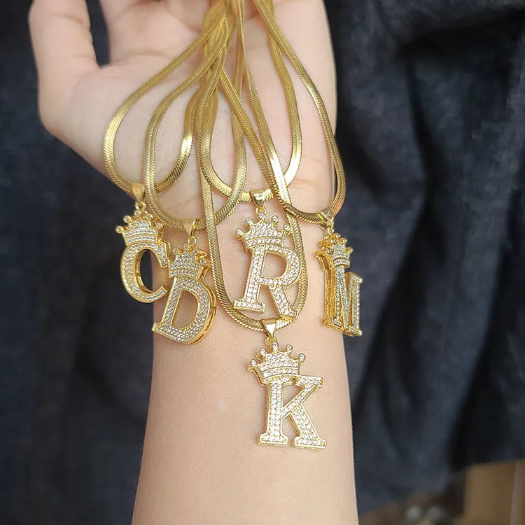 Crystal Gold Plated CZ Alphabet Letter Charm Pendant Necklaces Initial Charm With Crown Herringbone Chain Necklace for Women