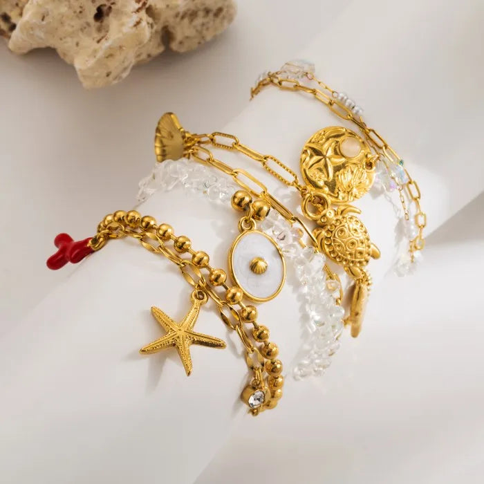 Stainless Steel Sea Beach Turtle Conch Shell Pendant Bracelet Crystal Beads Chain Bracelet for Women Waterproof Jewelry