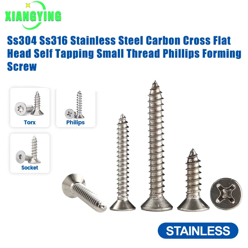 Ss304 Ss316 Stainless Steel Carbon Cross Flat Head Self Tapping Small Thread Phillips Forming Screw