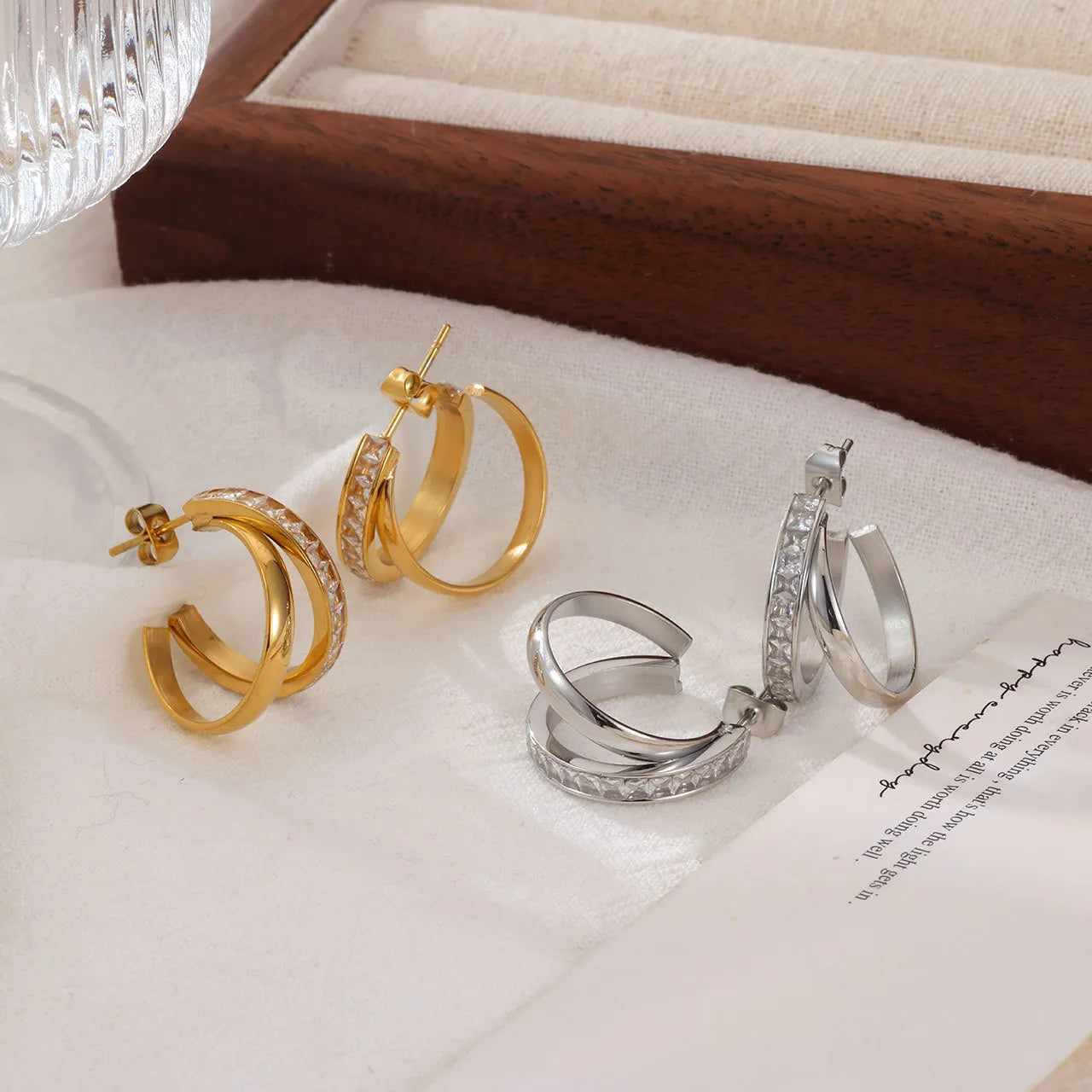 18K Gold Plated Stainless Steel Double Hoop Earrings Zircon Inlaid Statement Earrings Women Fashion Jewelry