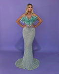 A9802 Fast Shipping Feather Women Prom Maxi Dress  Green Sequined Ladies Evening Dress