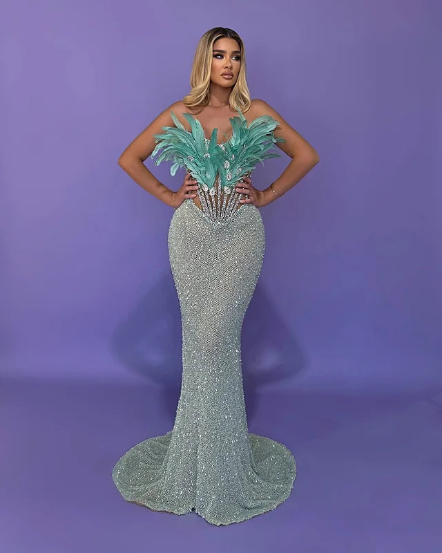 A9802 Fast Shipping Feather Women Prom Maxi Dress  Green Sequined Ladies Evening Dress