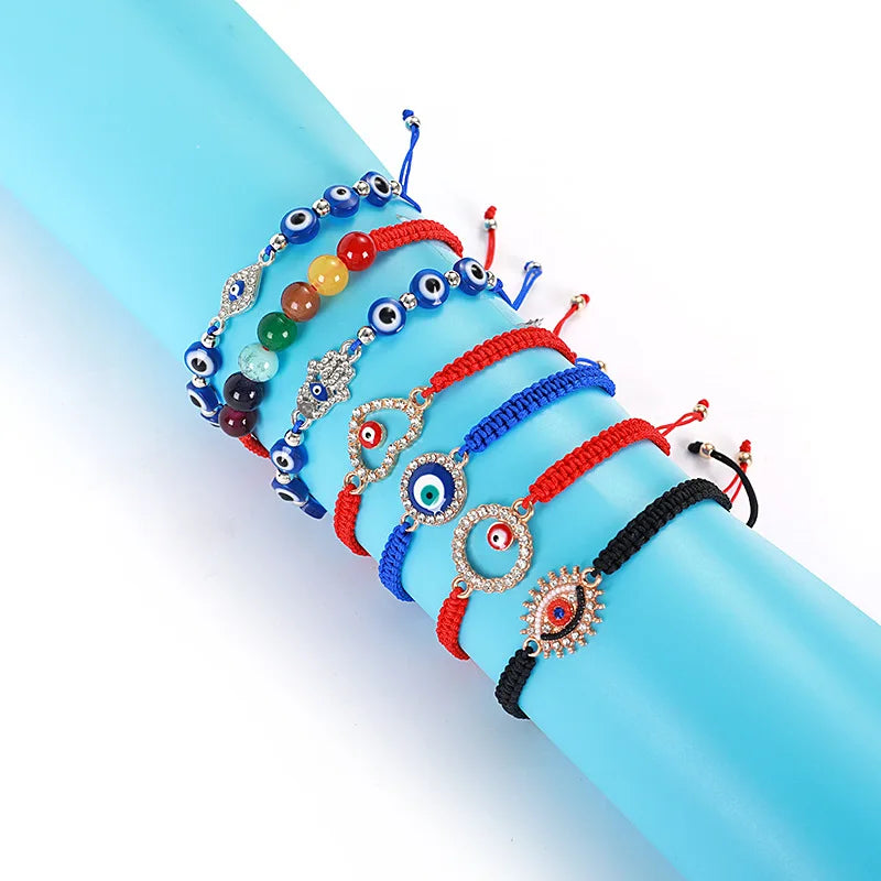 Men's Lucky Red Blue Black Rope Cord String Chain Braided Fatima Hand with Glitter Devil Eye Bead Charm Woven Bracelet Jewelry