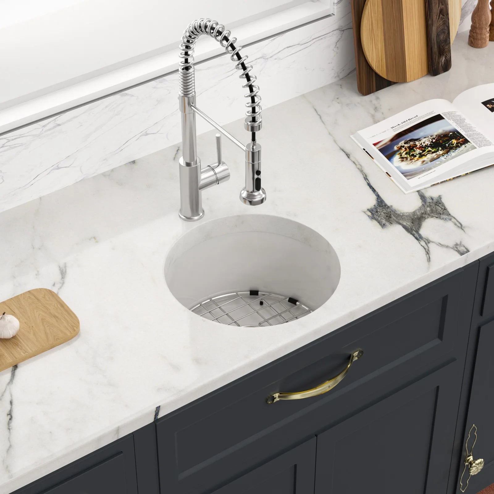 White Undermount/Drop-in Fireclay 18 In. L X 9 In. D Single Bowl Round Kitchen Sink with Bottom Grid and Strainer