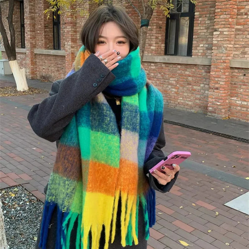 230*35cm Rainbow  Shawl Thickened Warm Neck Lady Fashion Plush Plaid Scarf
