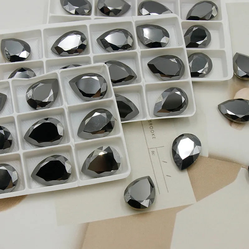 Paso Sico Jet Metallic Silver Drop Bling Nail Rhinestone Beads K9 Glass Point Back Crystal Fancy Stone for Sewing Accessories DIY Design