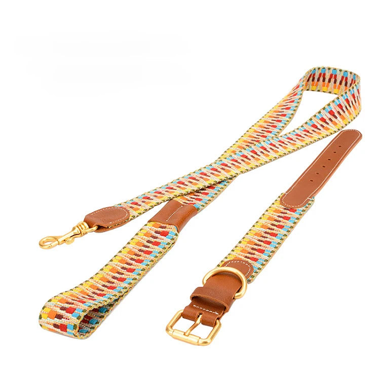 Fashion Elegant Custom Design Print Cat Traction Rope Pet Cowhide Collar Set Dog Collar Leash Set