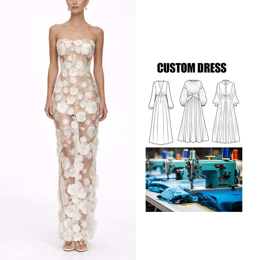 OEM High-End European American Three-Dimensional See-Through Flower Strapless Long Evening Gown Independent Foreign Party Empire