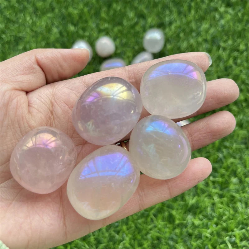 Angel Aura Rose Quartz Small Palm Natural Crystal Tumbled Titanium Rose Quartz Tumbled Stone for Meditation