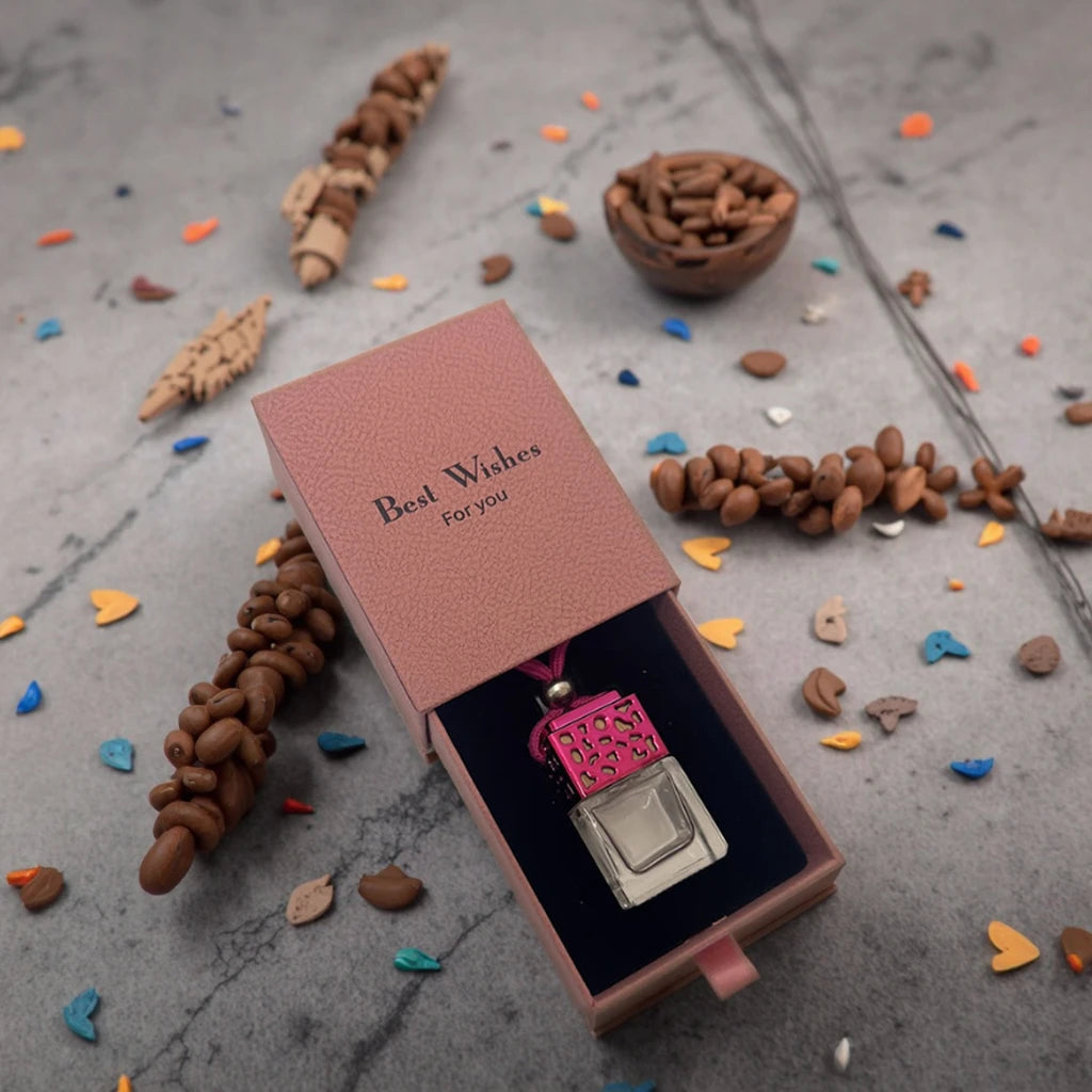 8ml Square Glass Hanging Car Air Freshener Fragrance Oil Diffuser Pendant Bottle with Screw Cap and Drawer Box Packaging