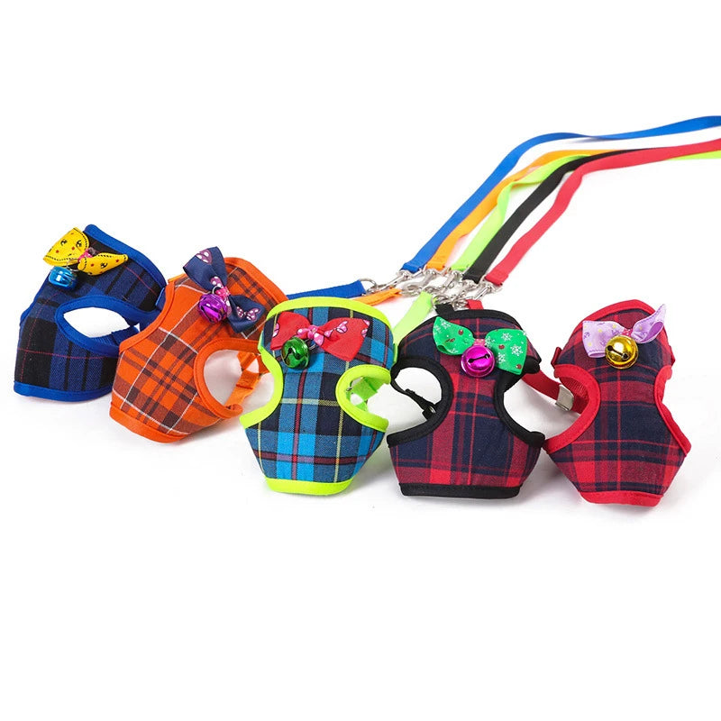 Cute Lattice Plaid Dog Leash Harness Set Pet Chest Harness