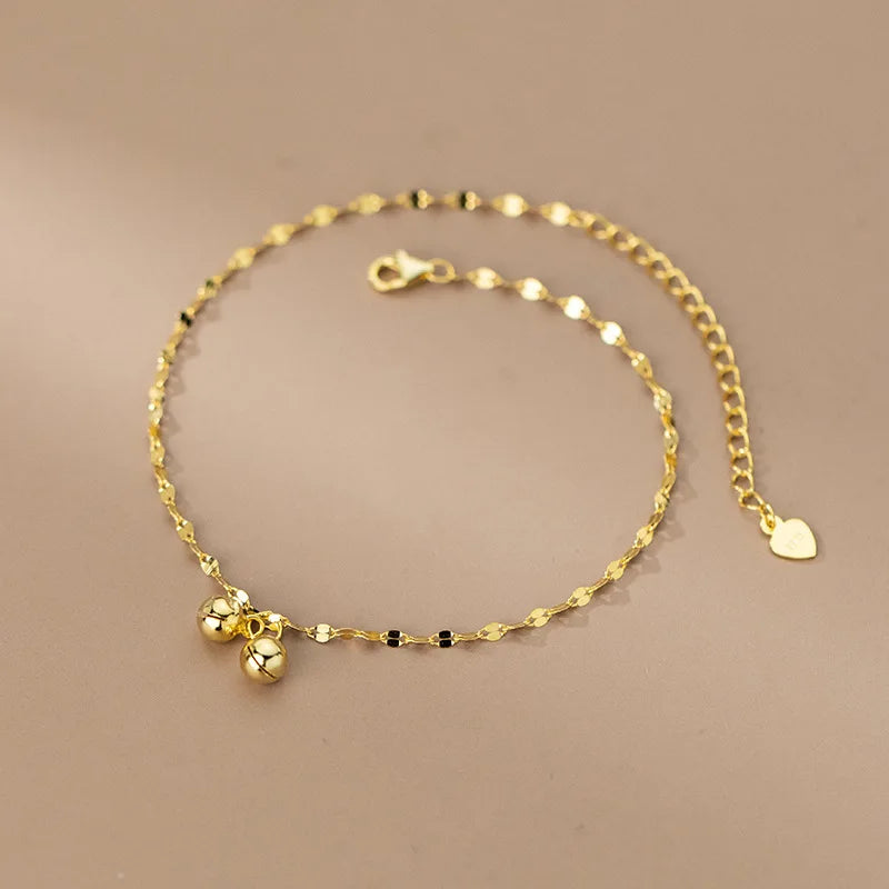Fashion Fine Jewelry 925 Sterling Silver Minimalist Lip Shape Chain Double Round Beads Bells Balls Gold Plated Anklets Women