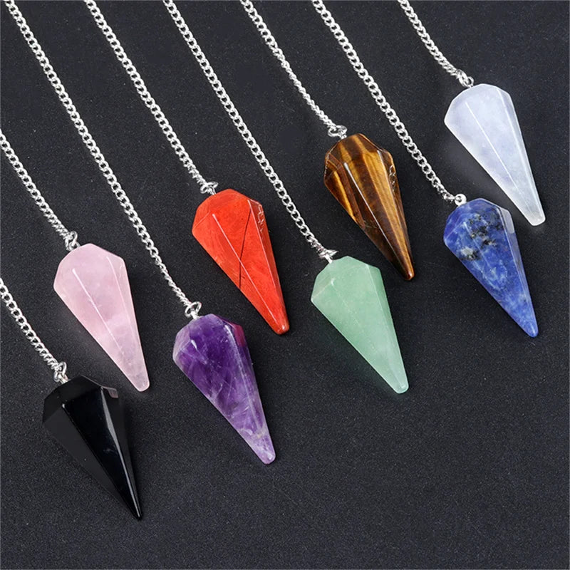 Children's Gemstone Crystal Pyramid Pendulum Necklace with Chain Dowsing Quartz Bead for Reiki Healing and Divination